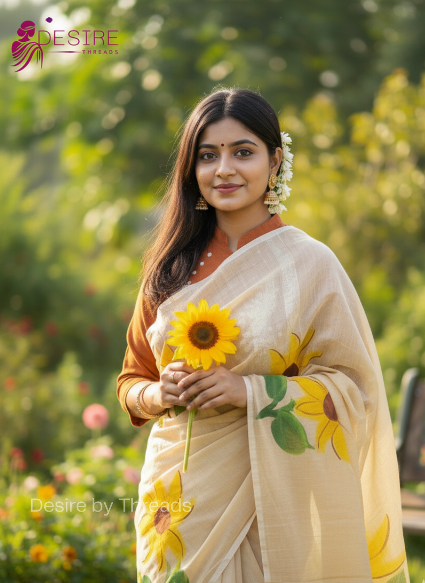 Halk SIlk Sunflower Handpainted Shari