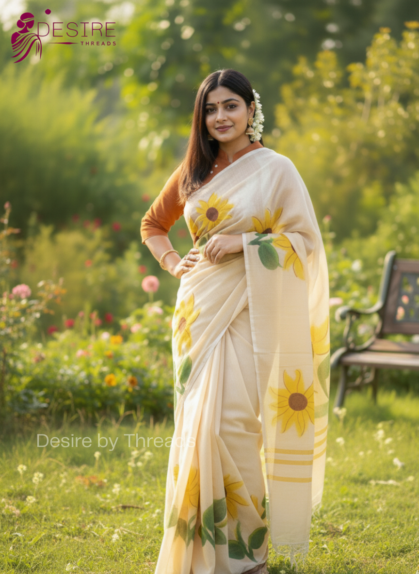 Halk SIlk Sunflower Handpainted Shari