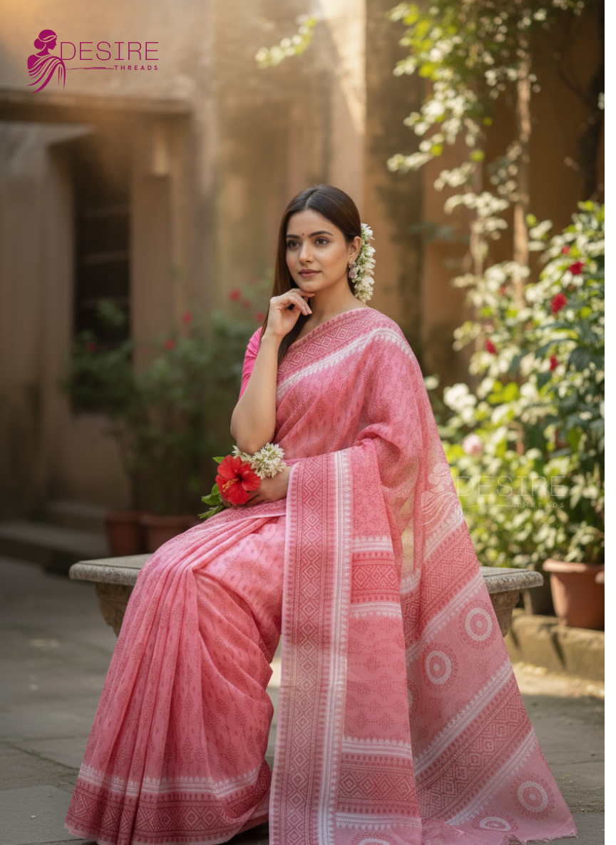 Half Silk Block Painted Shari