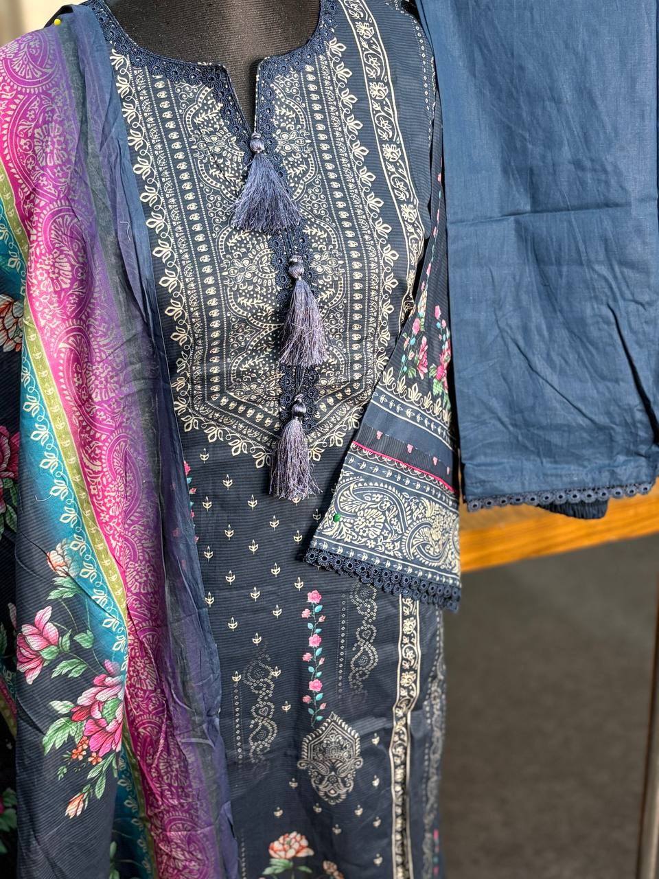 Kota printed stitch 3 piece (Navy)