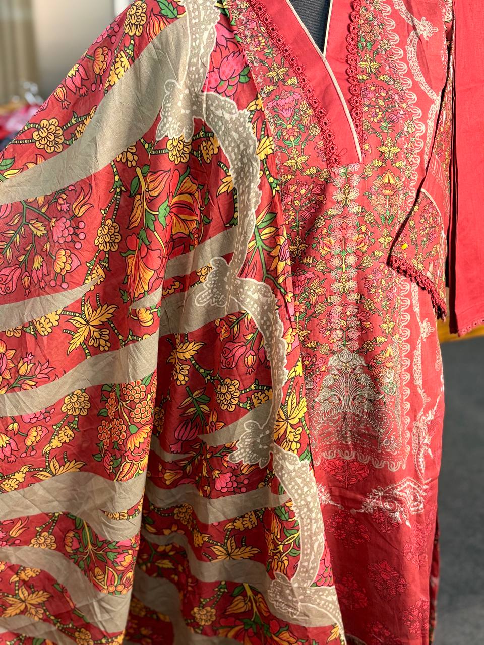 Cotton printed stitch 3 piece (Red)