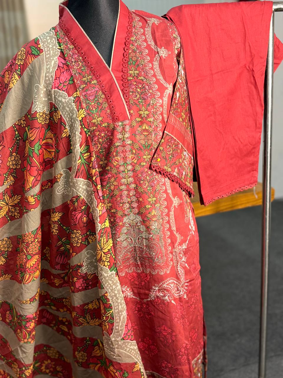 Cotton printed stitch 3 piece (Red)