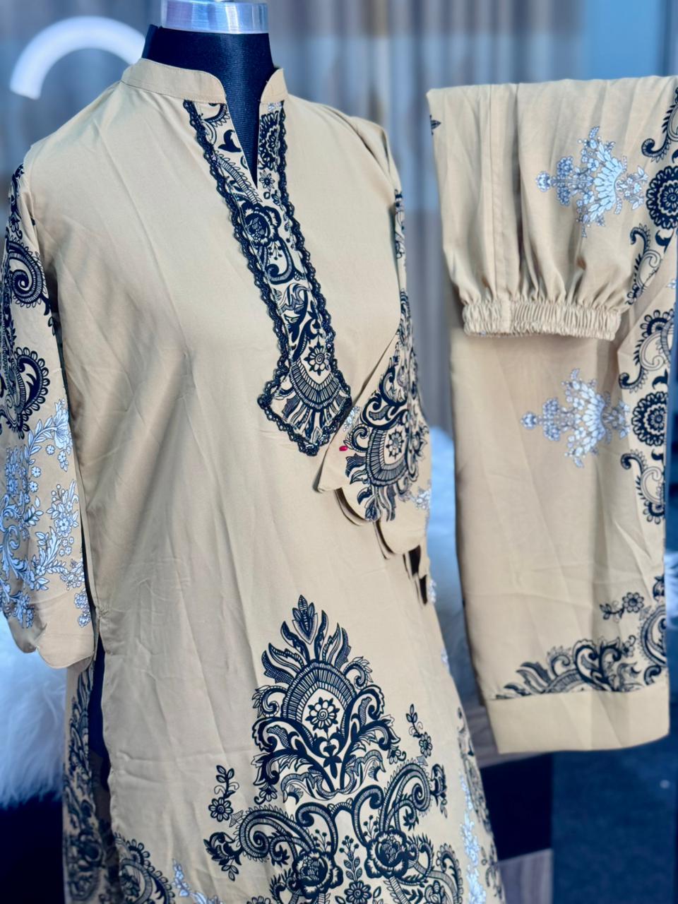 Neck Embroidery Co-ord Set (Peach)