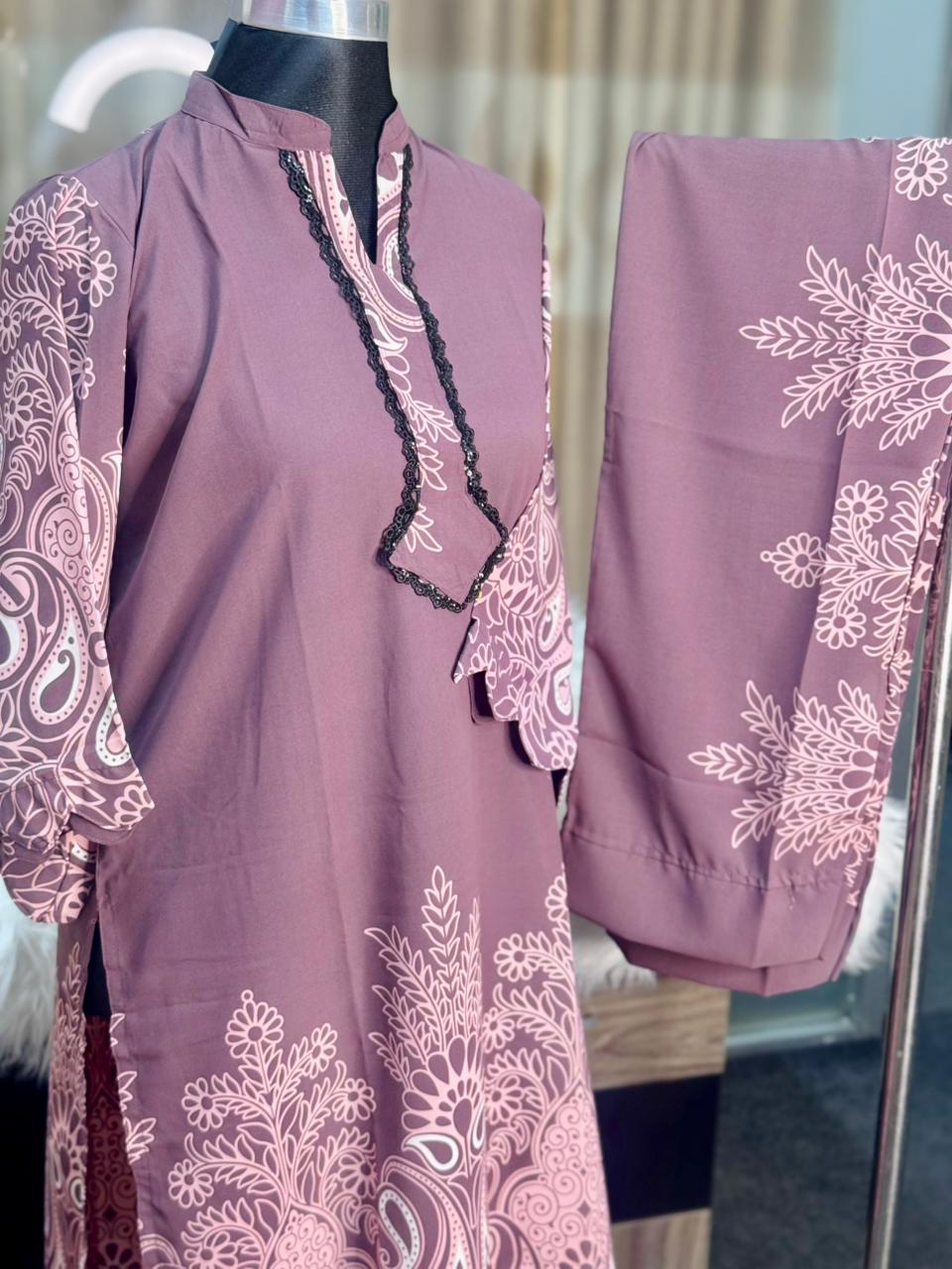 Neck Embroidery Co-ord Set (Purple)