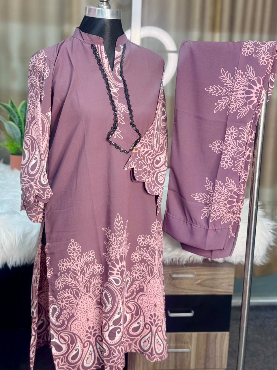 Neck Embroidery Co-ord Set (Purple)