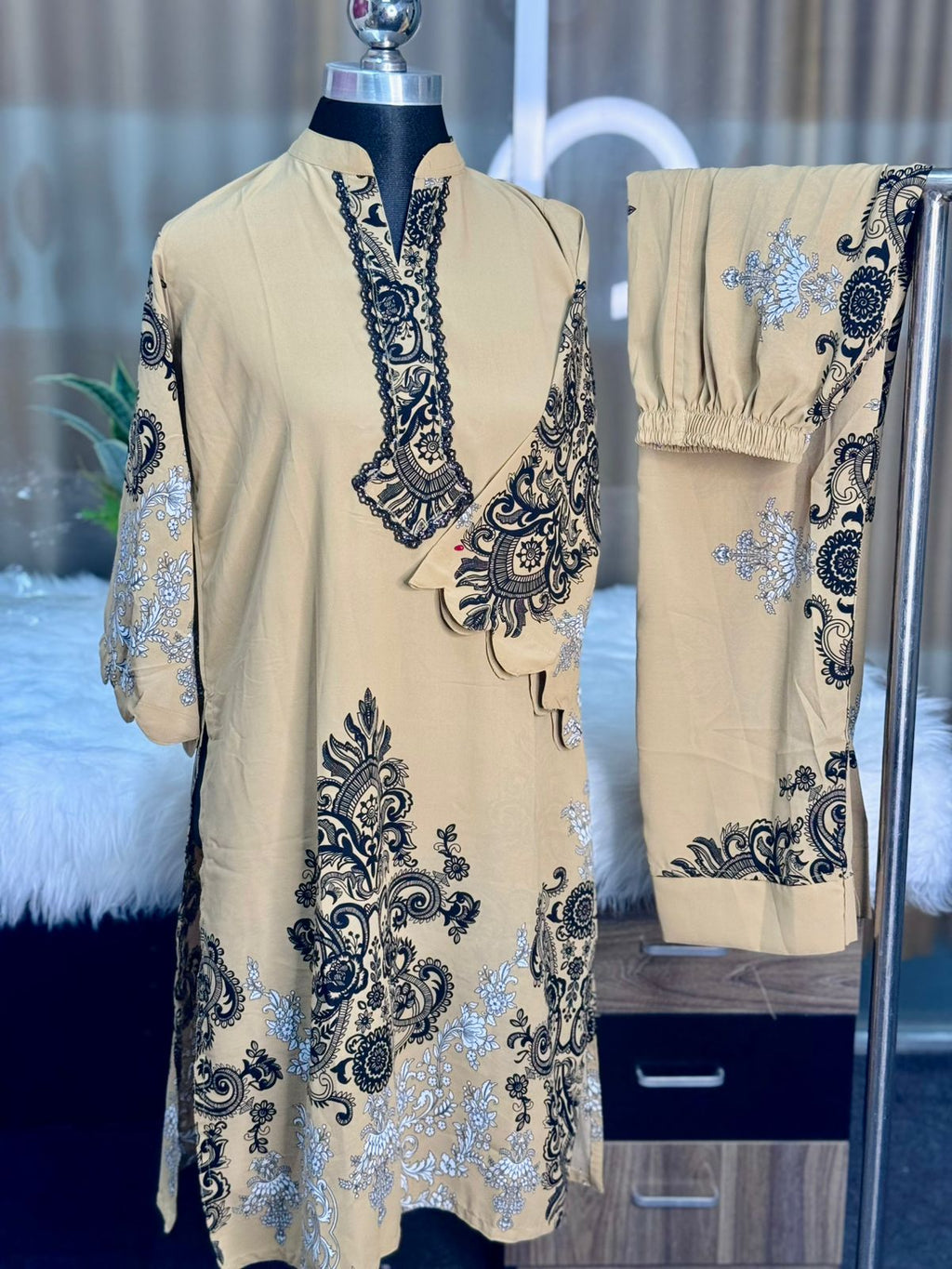 Neck Embroidery Co-ord Set (Beige)