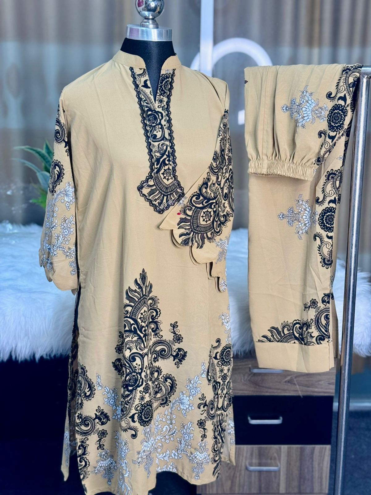 Neck Embroidery Co-ord Set (Beige)