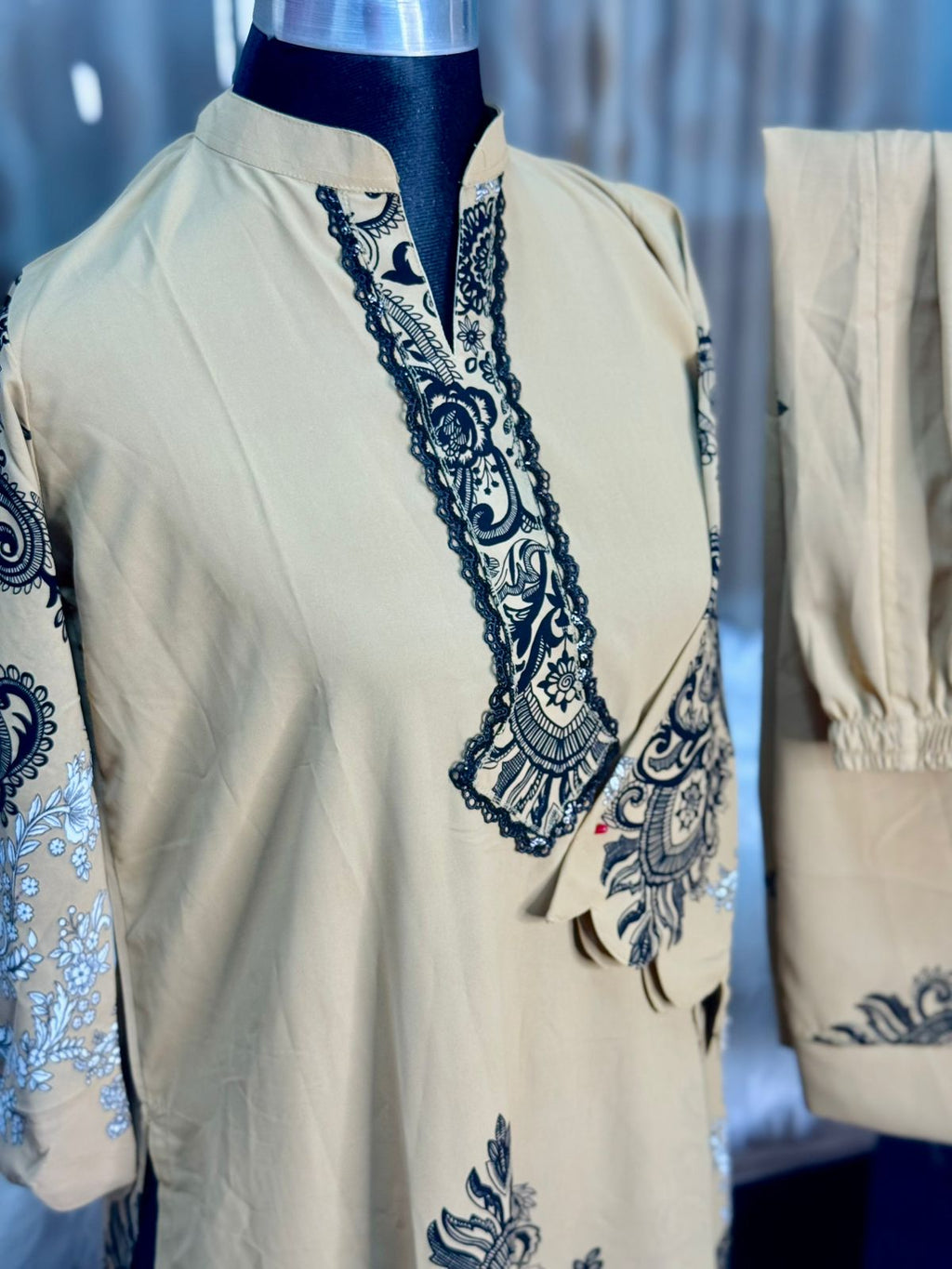 Neck Embroidery Co-ord Set (Beige)