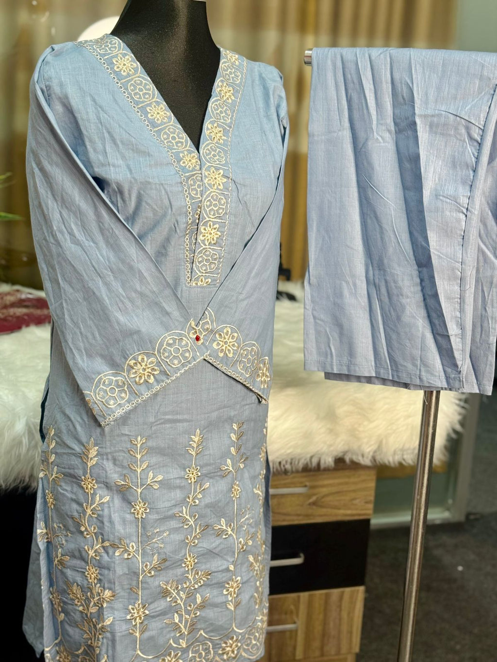 Cotton Embroidery Co-Ord Set (Grey)