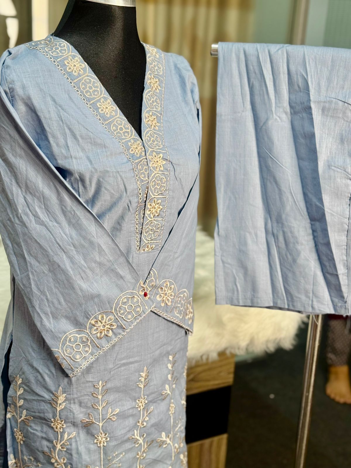 Cotton Embroidery Co-Ord Set (Grey)