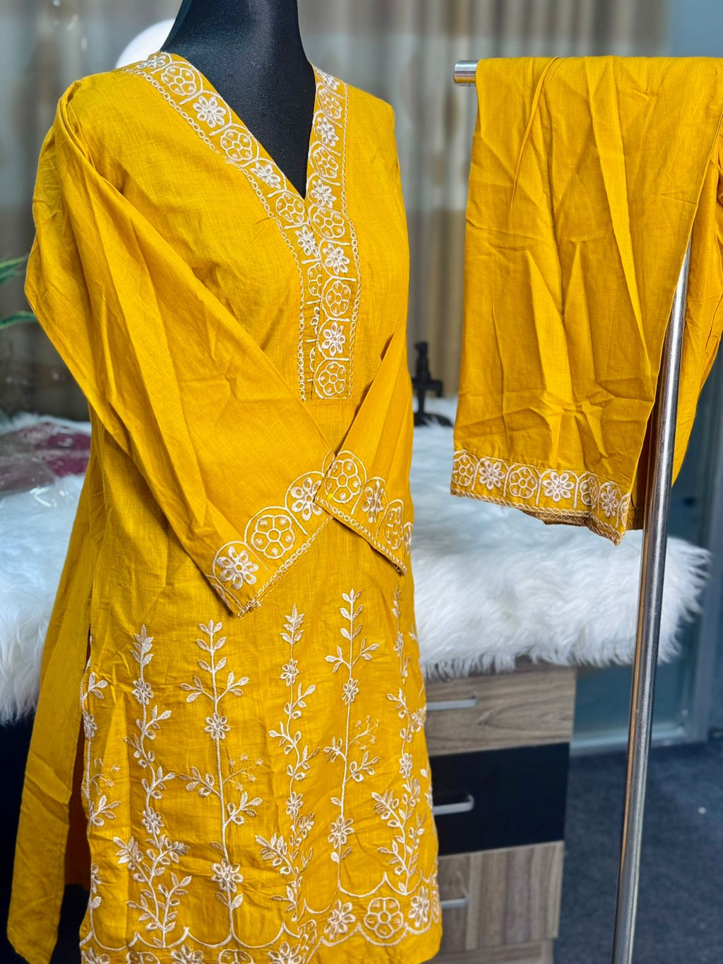 Cotton Embroidery Co-Ord Set (Mustard)