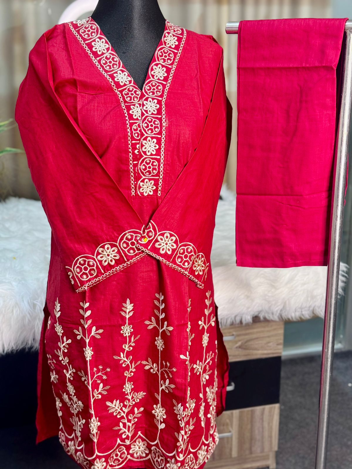 Cotton Embroidery Co-Ord Set (Red)