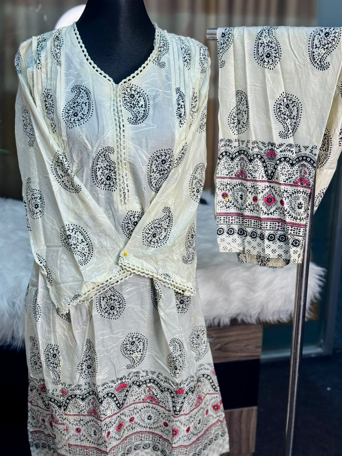 Block Printed Co-Ord Set (White)