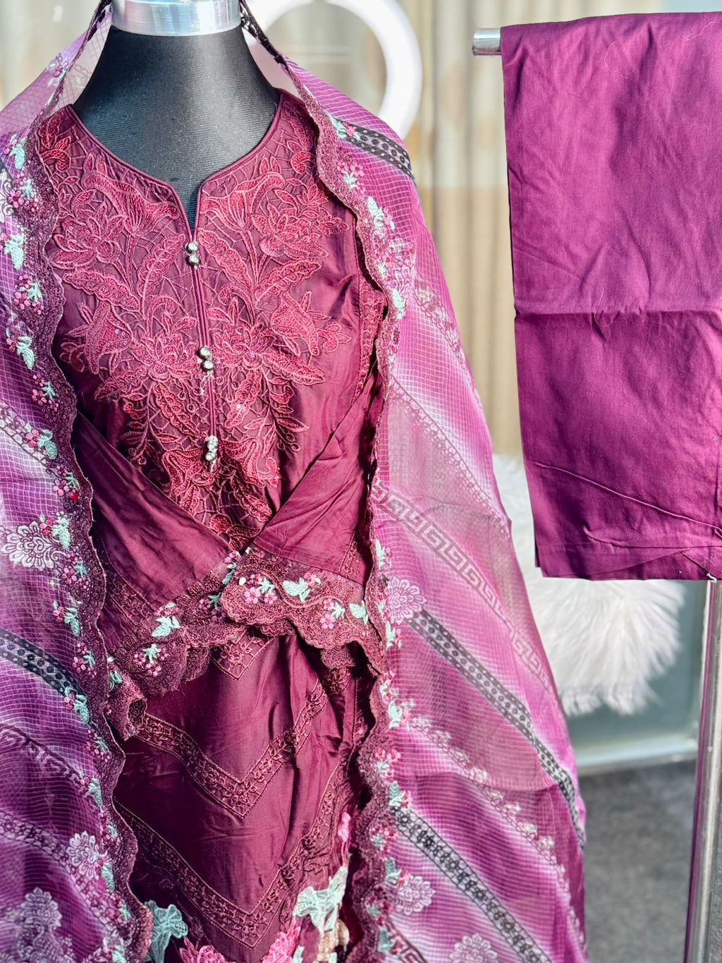 Embroidery Cotton 3 Piece (Burgendy)