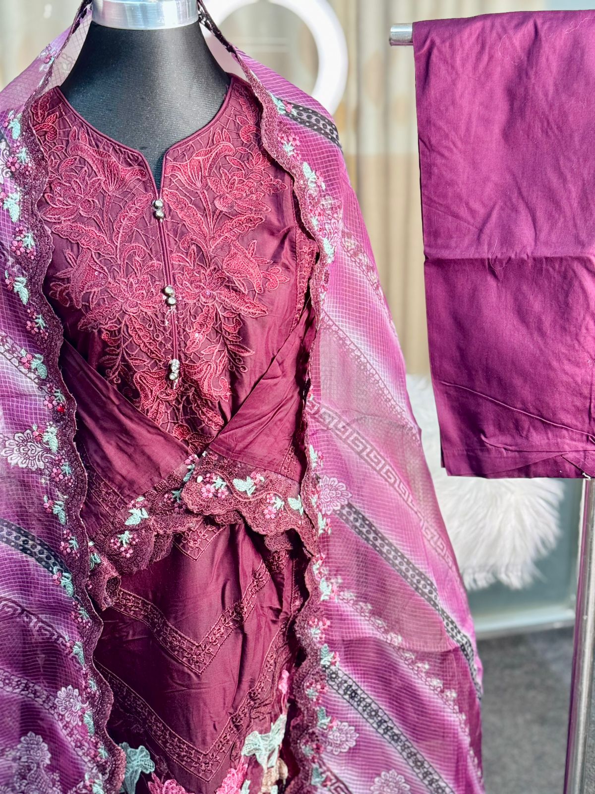 Embroidery Cotton 3 Piece (Burgendy)